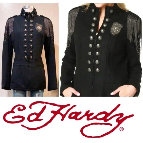 💥KILLER DESIGN💥Vintage Steampunk Chain Shoulder Military Wool Coat in Black - Picture 3 of 16